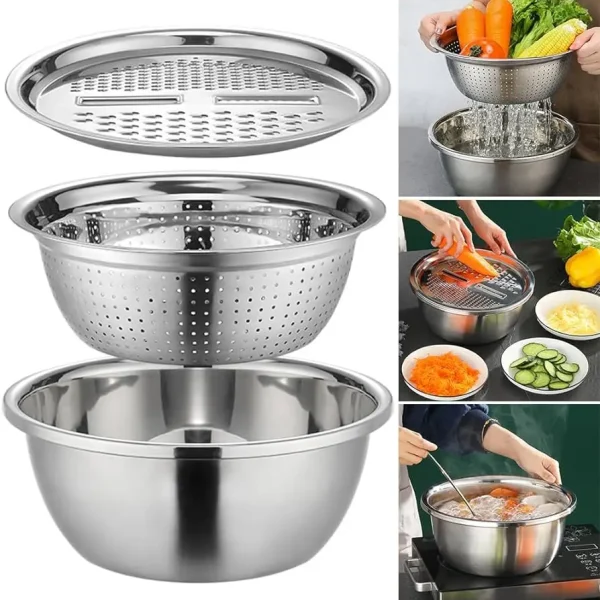 3 In 1 Stainless Steel Drain Basket Vegetable Cutter